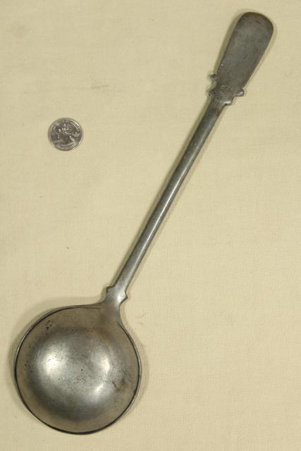 photo of old cast pewter spoon, early 1900s vintage long handled spoon for soup pot or large kettle #9