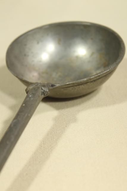 photo of old cast pewter spoon, early 1900s vintage long handled spoon for soup pot or large kettle #10