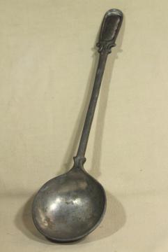 catalog photo of old cast pewter spoon, early 1900s vintage long handled spoon for soup pot or large kettle