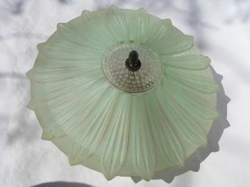 catalog photo of old ceiling light fixture w/ pale green glass flower shade, 1930s - 40s vintage lighting