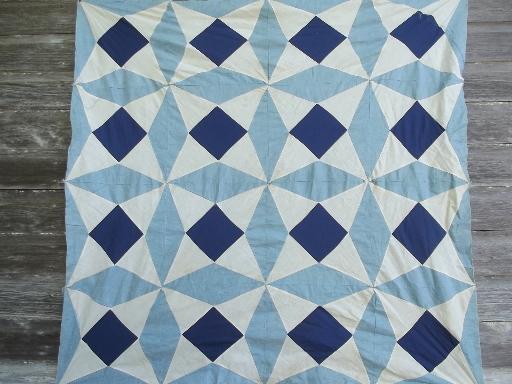 photo of old chambray blue cotton windmill star patchwork quilt top, 40s vintage #2