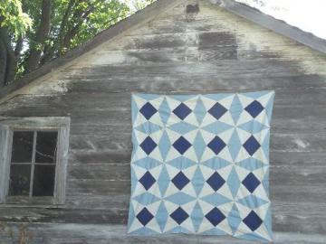 catalog photo of old chambray blue cotton windmill star patchwork quilt top, 40s vintage