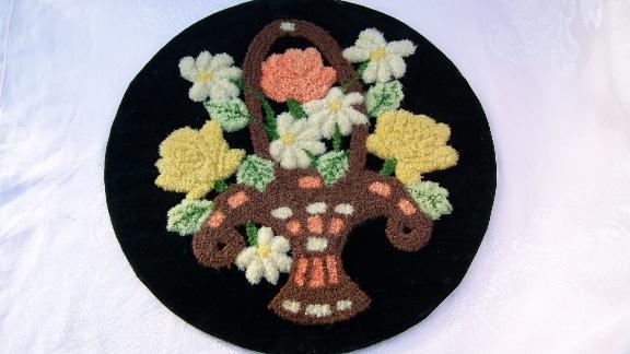 photo of old chenille looped embroidery, Easter basket #1