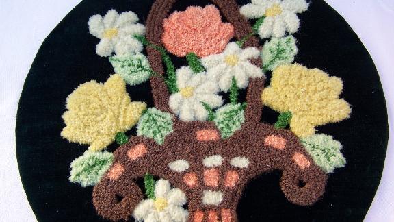 photo of old chenille looped embroidery, Easter basket #2