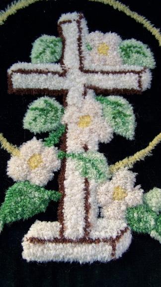 photo of old chenille looped embroidery, Easter cross #2