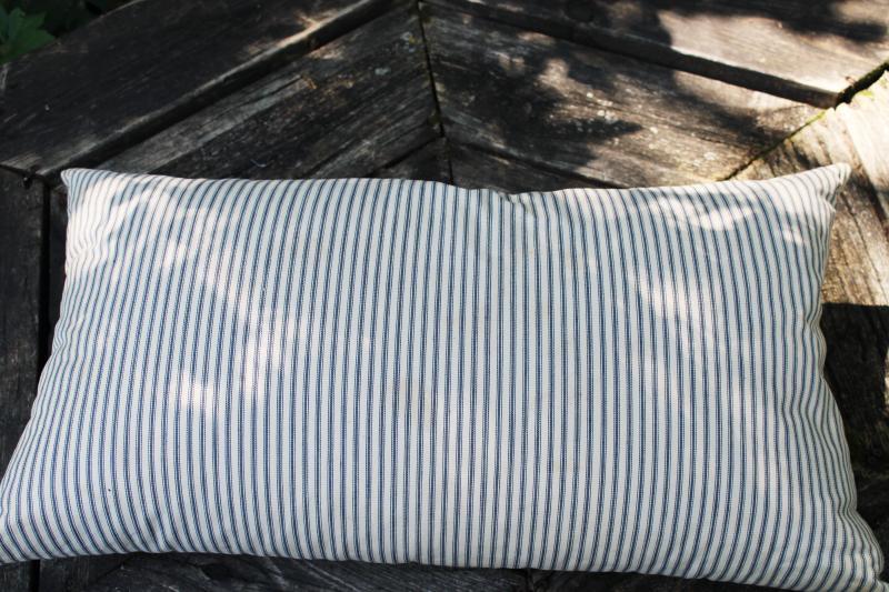 photo of old chicken feather pillow, vintage blue striped cotton ticking fabric #1