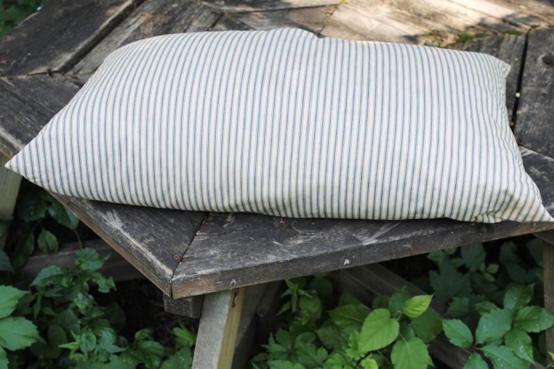 photo of old chicken feather pillow, vintage blue striped cotton ticking fabric #3