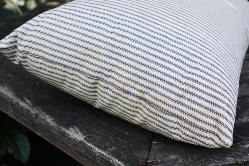 photo of old chicken feather pillow, vintage blue striped cotton ticking fabric #6