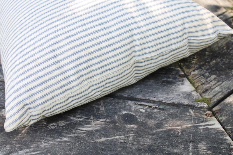 photo of old chicken feather pillow, vintage blue striped cotton ticking fabric #7