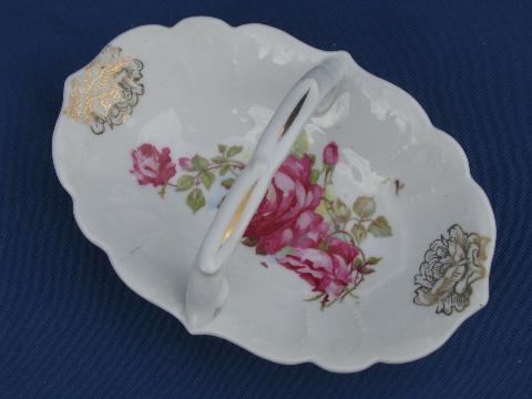 photo of old china flower basket, shabby vintage cabbage roses, pink & white #2