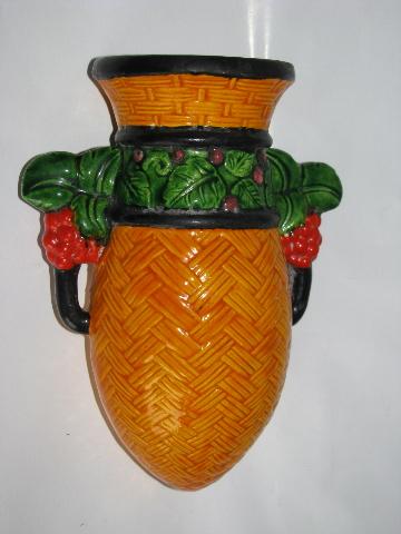 photo of old china wall pocket vase, orange basket w/ berries - vintage Japan #1