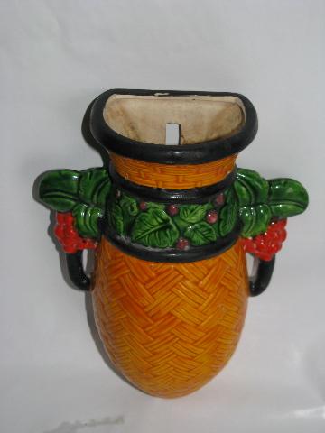 photo of old china wall pocket vase, orange basket w/ berries - vintage Japan #3
