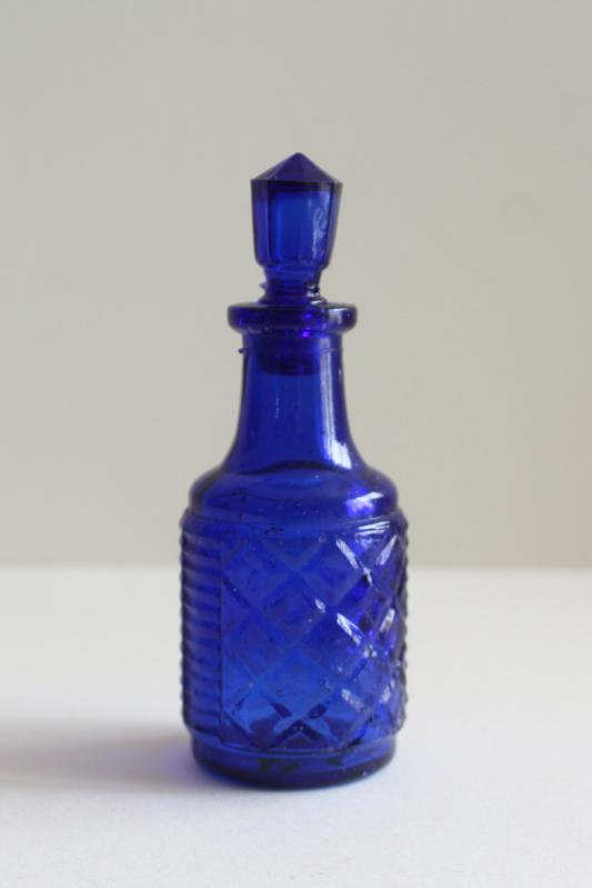 photo of old cobalt blue glass bottle or castor set cruet, vintage pressed glass bottle & stopper #1