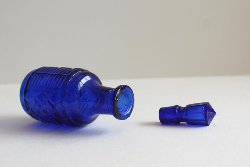 photo of old cobalt blue glass bottle or castor set cruet, vintage pressed glass bottle & stopper #2