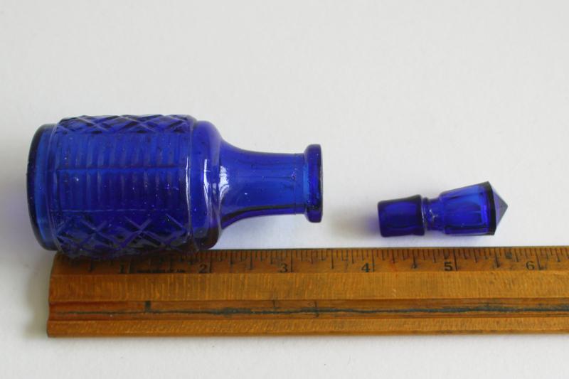 photo of old cobalt blue glass bottle or castor set cruet, vintage pressed glass bottle & stopper #3