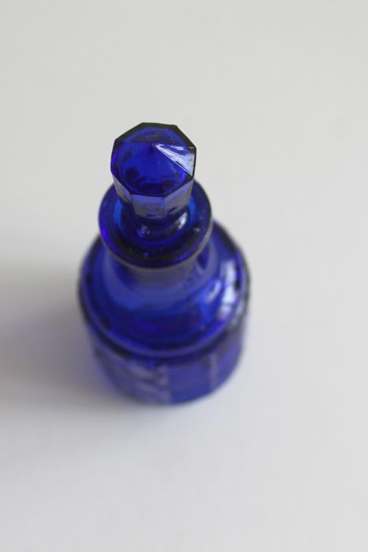 photo of old cobalt blue glass bottle or castor set cruet, vintage pressed glass bottle & stopper #5