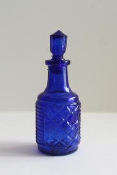 catalog photo of old cobalt blue glass bottle or castor set cruet, vintage pressed glass bottle & stopper