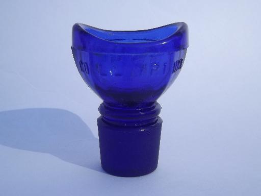 photo of old cobalt blue glass eye wash cup, ground glass medicine bottle stopper #1