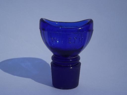 photo of old cobalt blue glass eye wash cup, ground glass medicine bottle stopper #3