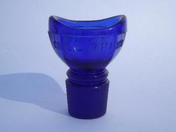 catalog photo of old cobalt blue glass eye wash cup, ground glass medicine bottle stopper
