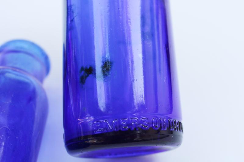 photo of old cobalt blue glass medicine bottles, embossed Bromo-Seltzer, vintage Milk of Magnesia #5
