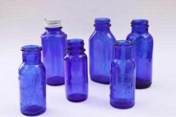 catalog photo of old cobalt blue glass medicine bottles, embossed Bromo-Seltzer, vintage Milk of Magnesia