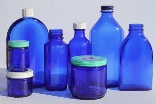 photo of old cobalt blue glass medicine bottles & jars, vintage drugstore bottle lot #1