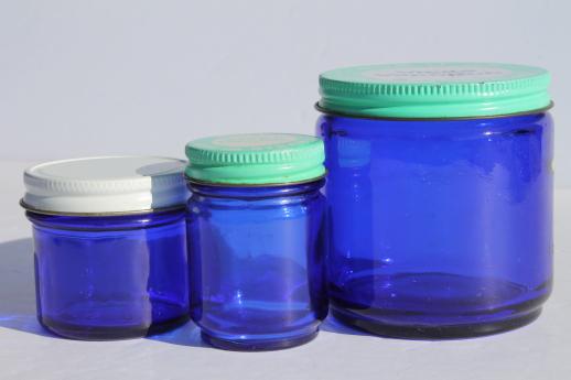 photo of old cobalt blue glass medicine bottles & jars, vintage drugstore bottle lot #4