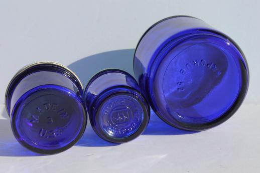 photo of old cobalt blue glass medicine bottles & jars, vintage drugstore bottle lot #6
