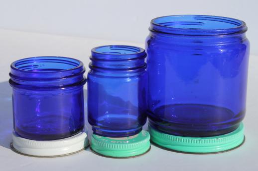 photo of old cobalt blue glass medicine bottles & jars, vintage drugstore bottle lot #7