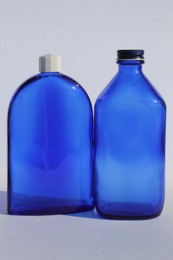 photo of old cobalt blue glass medicine bottles & jars, vintage drugstore bottle lot #8