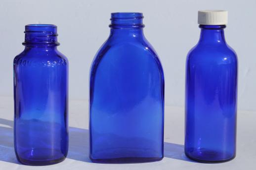photo of old cobalt blue glass medicine bottles & jars, vintage drugstore bottle lot #11