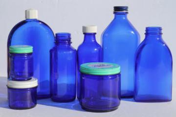 catalog photo of old cobalt blue glass medicine bottles & jars, vintage drugstore bottle lot