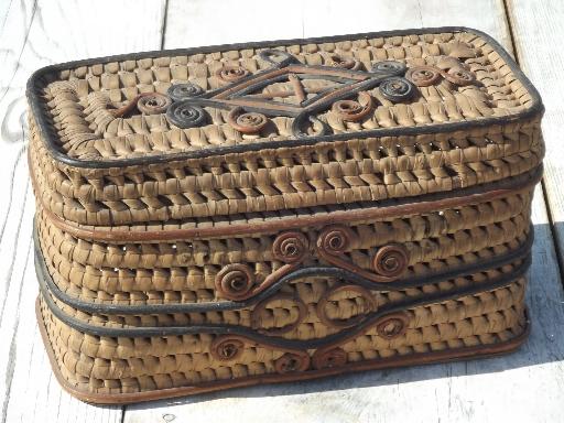 photo of old coiled grass basket, Eskimo or Indian basket? vintage sewing box #1