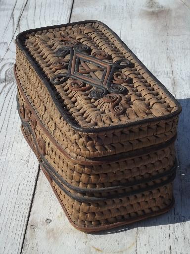 photo of old coiled grass basket, Eskimo or Indian basket? vintage sewing box #2