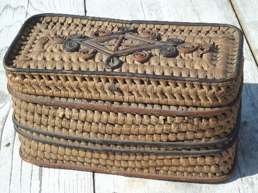 photo of old coiled grass basket, Eskimo or Indian basket? vintage sewing box #3