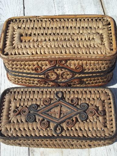 photo of old coiled grass basket, Eskimo or Indian basket? vintage sewing box #4