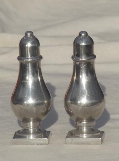 photo of old colonial  salt and pepper shakers, silver colored aluminum or pewter #1