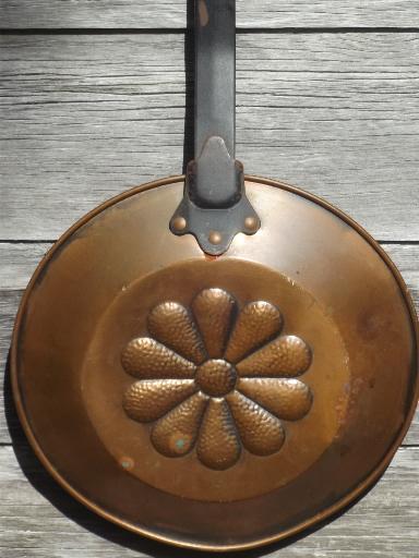 photo of old copper chestnut pan w/ long iron handle, for chestnuts roasting on open fire #4