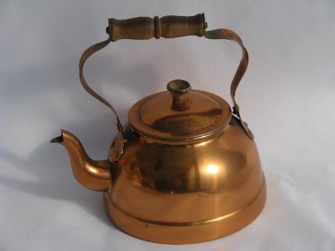 photo of old copper tea kettle, teakettle w/ wood handle, vintage Portugal #1