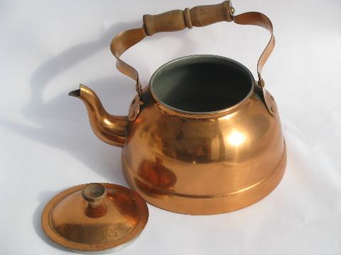 photo of old copper tea kettle, teakettle w/ wood handle, vintage Portugal #2