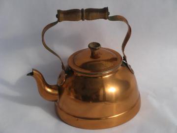 catalog photo of old copper tea kettle, teakettle w/ wood handle, vintage Portugal