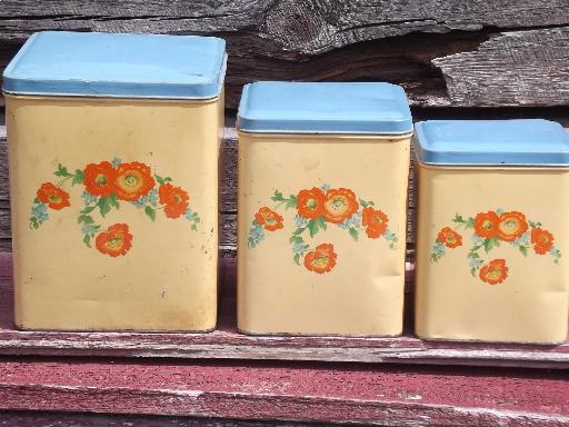 photo of old cottage kitchen vintage metal canisters set, flowers w/ blue green #3