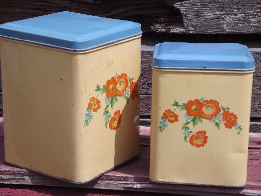 photo of old cottage kitchen vintage metal canisters set, flowers w/ blue green #4