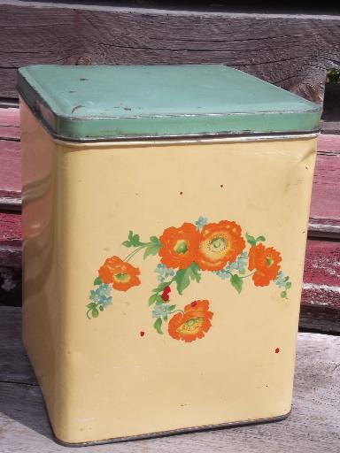 photo of old cottage kitchen vintage metal canisters set, flowers w/ blue green #8