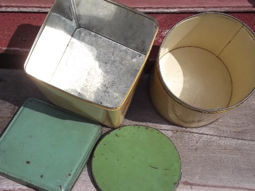 photo of old cottage kitchen vintage metal canisters set, flowers w/ blue green #9