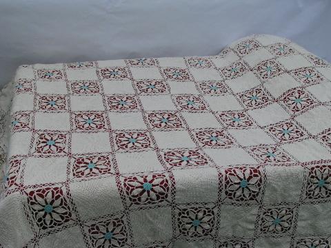 photo of old cotton crochet flower pattern lace, huge handmade vintage bedspread #1