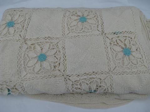 photo of old cotton crochet flower pattern lace, huge handmade vintage bedspread #3