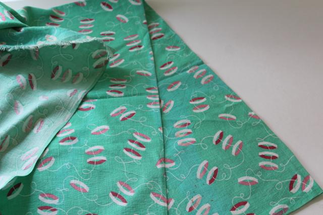 photo of old cotton feed sack fabric w/ wedding ring print in green & pink, 1950s vintage #1