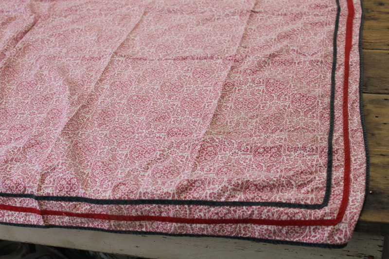 photo of old cotton feed sack tablecloth from farmhouse kitchen, barn red & white print fabric #1